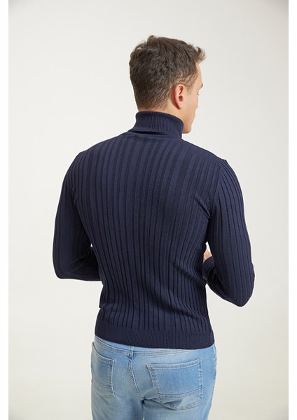 Slim Fit Lacivert Fitilli Pamuk Karışımlı Boğazlı Triko Kazak 5HF06ORT63100 fırsatları