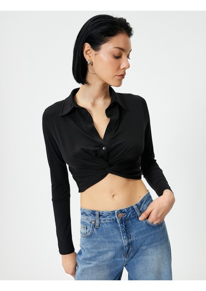 Crop Gömlek Slim Fit Bağlama Detaylı Klasik Yaka