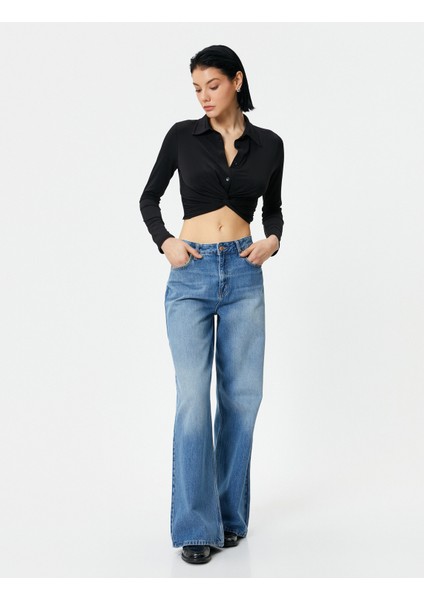 Crop Gömlek Slim Fit Bağlama Detaylı Klasik Yaka
