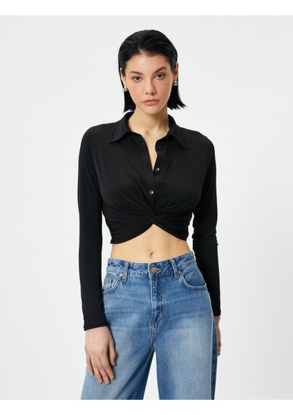 Crop Gömlek Slim Fit Bağlama Detaylı Klasik Yaka