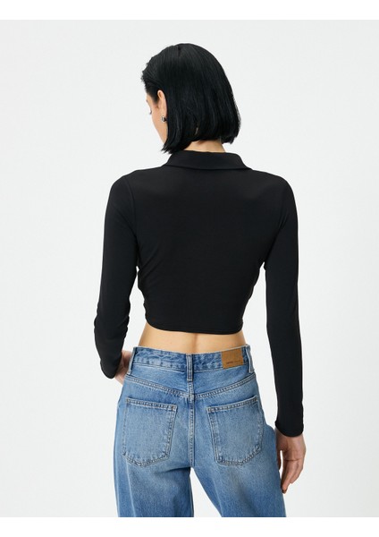 Crop Gömlek Slim Fit Bağlama Detaylı Klasik Yaka