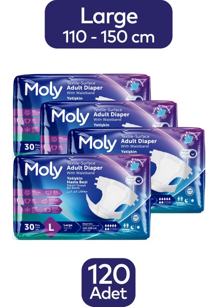 Tekstil Yüzeyli Large Büyük Boy Belbantlı Hasta Bezi 30'lu x 4 Paket