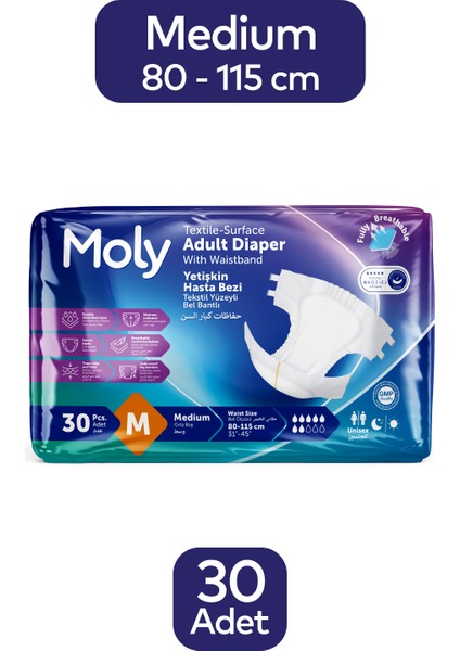 Tekstil Yüzeyli Medium Orta Boy Belbantlı Hasta Bezi 30'lu Paket