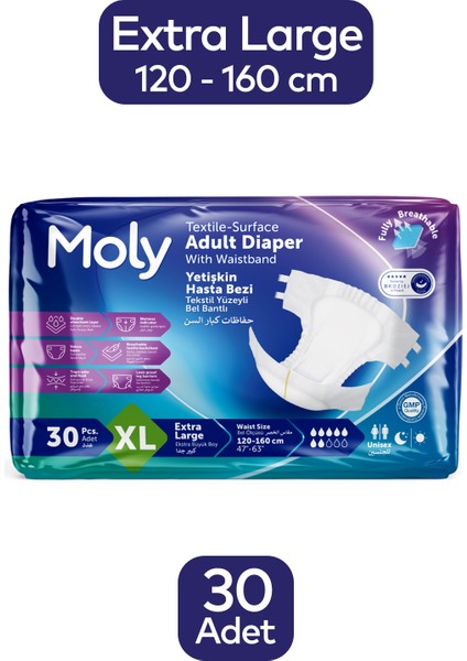 Tekstil Yüzeyli Xlarge Ekstra Büyük Boy Belbantlı Hasta Bezi 30'lu Paket