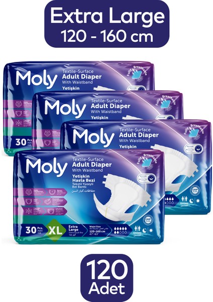 Tekstil Yüzeyli XL Ekstra Büyük Boy Belbantlı Hasta Bezi 30'lu x 4 Paket