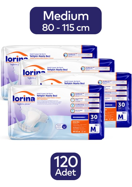 Tekstil Yüzeyli Bel Bantlı Yetişkin Hasta Bezi Medium 30'lu 4 Paket 120 Adet