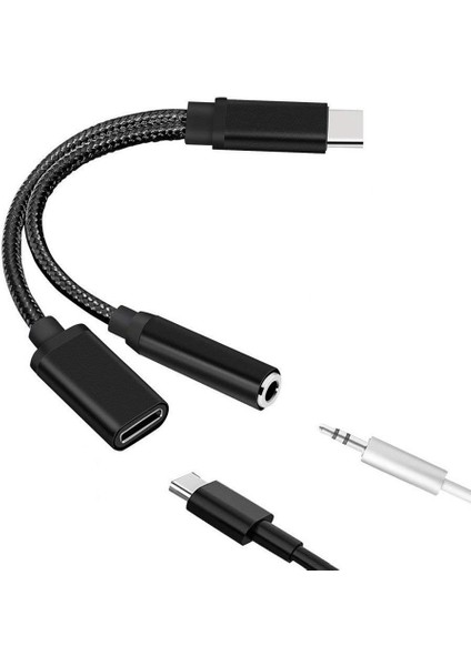 Type C - 3.5mm Şarj Ses Adaptörü 2'si 1 Arada USB C Splitter Kulaklık Aux Ses Kablosu Akıllı Telefon Splitter Için (Yurt Dışından)