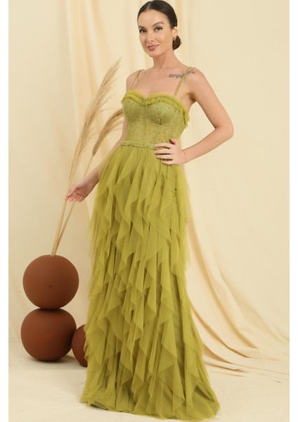 Boncuk Ip Askılı Straplez Mendil Saçaklı Astarlı Uzun Tül Elbise