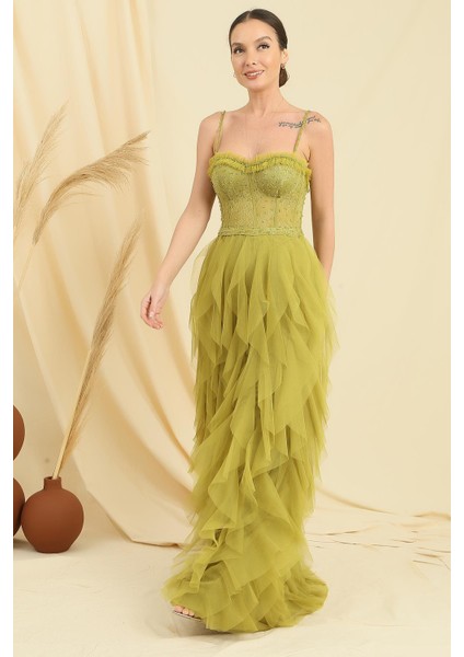 Boncuk Ip Askılı Straplez Mendil Saçaklı Astarlı Uzun Tül Elbise fiyatları