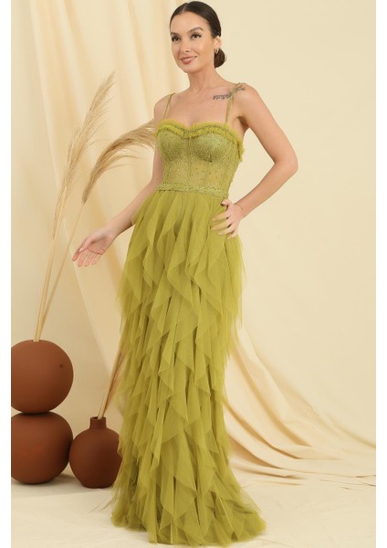 Boncuk Ip Askılı Straplez Mendil Saçaklı Astarlı Uzun Tül Elbise modelleri