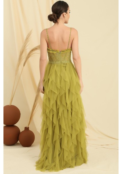 Boncuk Ip Askılı Straplez Mendil Saçaklı Astarlı Uzun Tül Elbise fırsatları