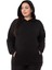 Büyük Beden Sırtında Yazı Detaylı Kapüşonlu Kanguru Cepli Üç Iplik Siyah Sweatshirt 1