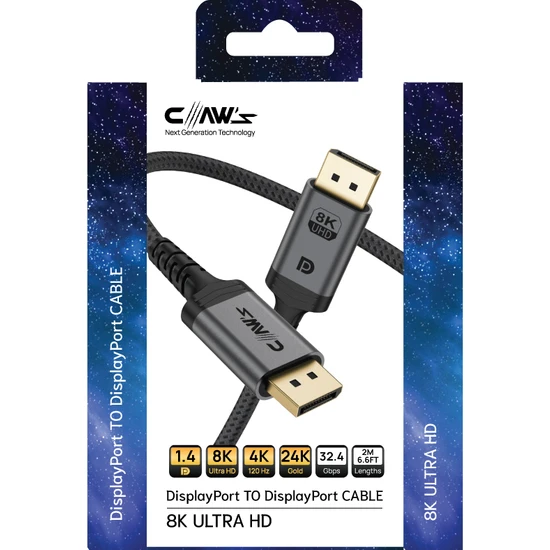 Claw's 8K UHD DisplayPort v1.4 32.4 Gbps / 24K Gold / Alüminyum Gövdeli 8K 60Hz-4K 120Hz-2K 240HZ-FHD 240Hz Destekli G-Sync & FreeSync Premium DisplayPort Kablo (C-DPP-B1)