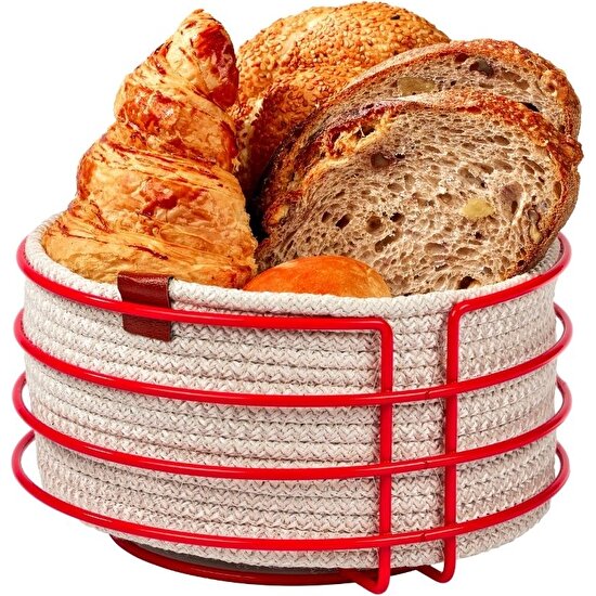 Edora Home Kırmızı Paslanmaz Yuvarlak Ekmek Sepeti - Çok Amaçlı Metal
