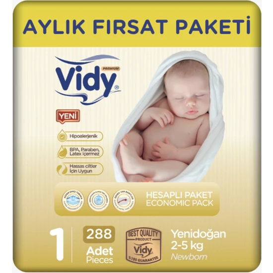 Vidy 1 Numara Bebek Bezi Yenidoğan Premium 288 Adet 72 x 4 Paket 2-5 kg