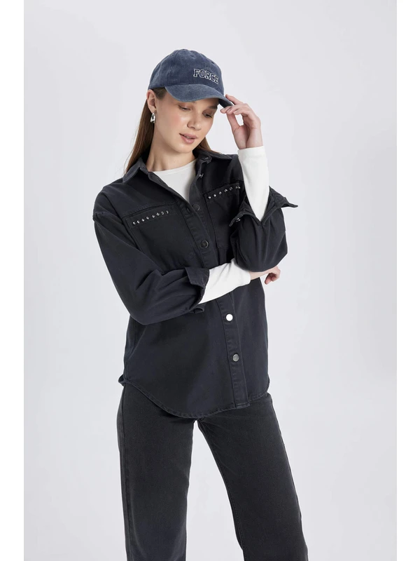 DeFacto Relax Fit Gömlek Yaka Gabardin Uzun Kollu Tunik B8308AX24SP