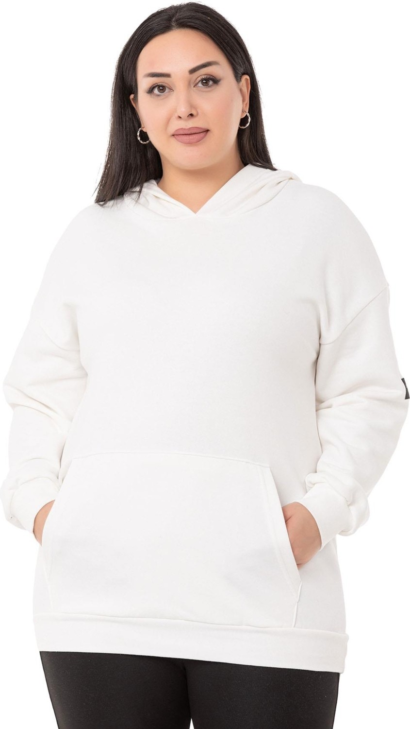 Disentis Modest Büyük Beden Sırtında Yazı Detaylı Kapüşonlu Kanguru Cepli Üç Iplik Beyaz Sweatshirt görsel 6