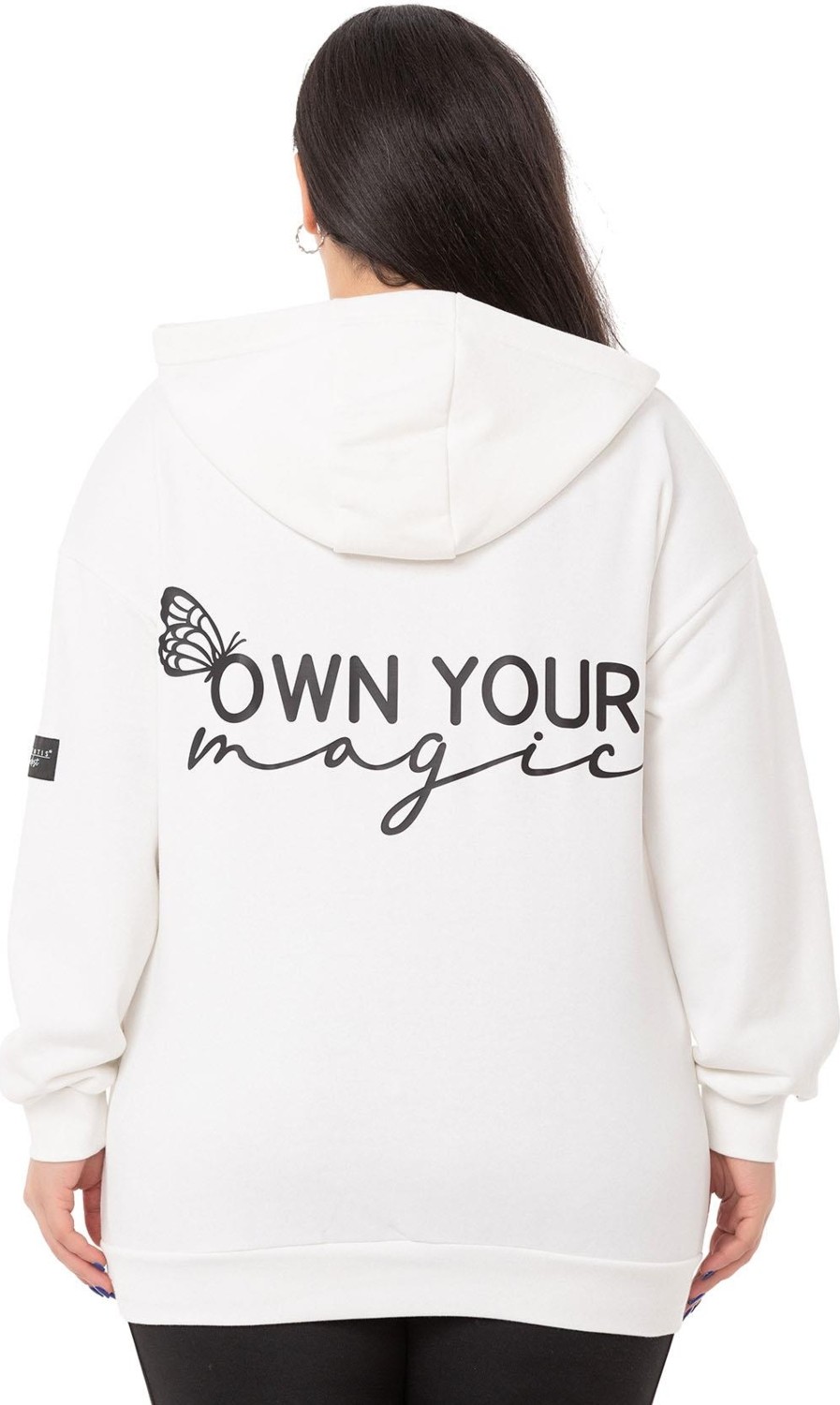 Disentis Modest Büyük Beden Sırtında Yazı Detaylı Kapüşonlu Kanguru Cepli Üç Iplik Beyaz Sweatshirt görsel 8