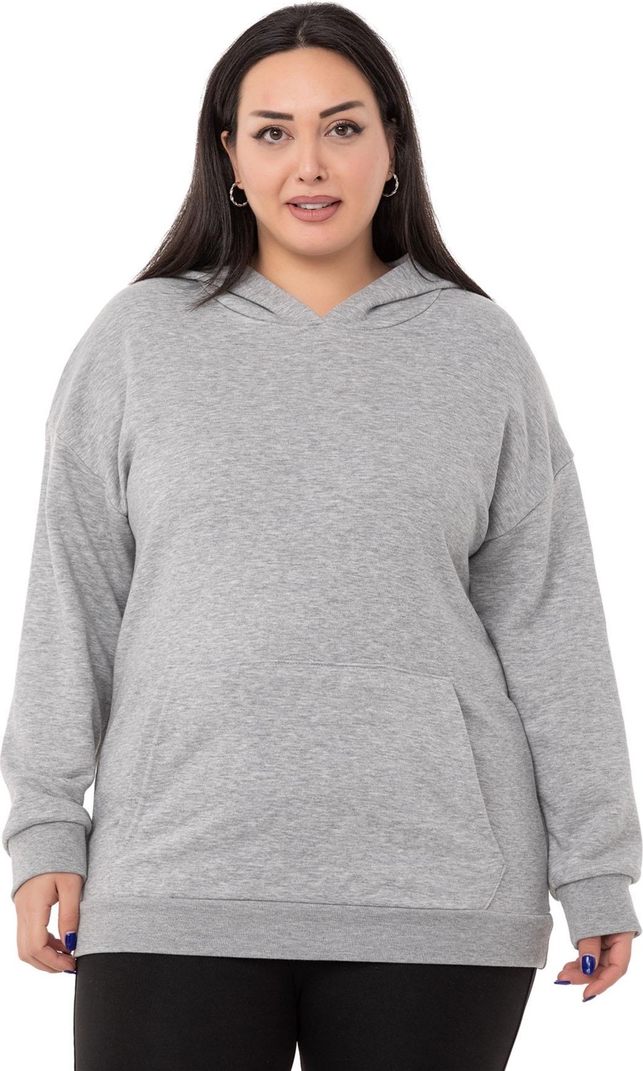 Disentis Modest Büyük Beden Sırtında Yazı Detaylı Kapüşonlu Kanguru Cepli Üç Iplik Beyaz Sweatshirt