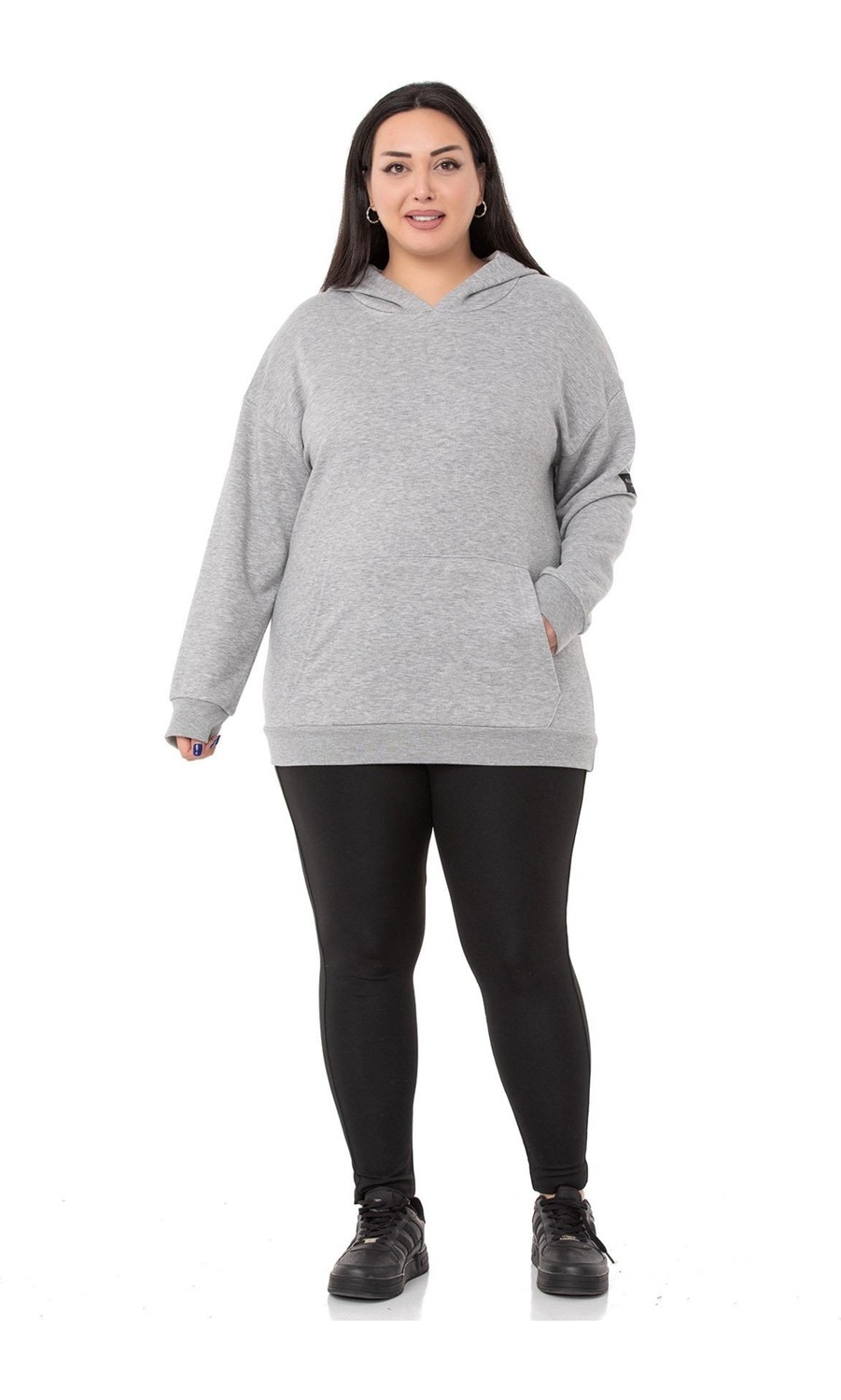Disentis Modest Büyük Beden Sırtında Yazı Detaylı Kapüşonlu Kanguru Cepli Üç Iplik Beyaz Sweatshirt görsel 2