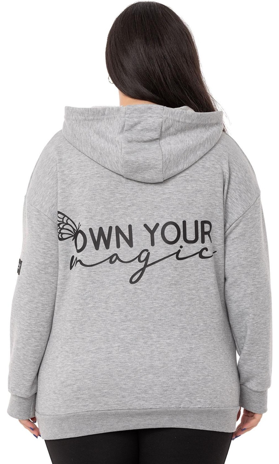 Disentis Modest Büyük Beden Sırtında Yazı Detaylı Kapüşonlu Kanguru Cepli Üç Iplik Beyaz Sweatshirt görsel 3