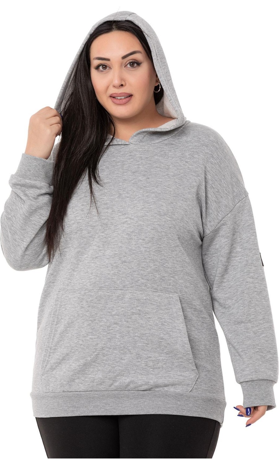 Disentis Modest Büyük Beden Sırtında Yazı Detaylı Kapüşonlu Kanguru Cepli Üç Iplik Beyaz Sweatshirt görsel 4