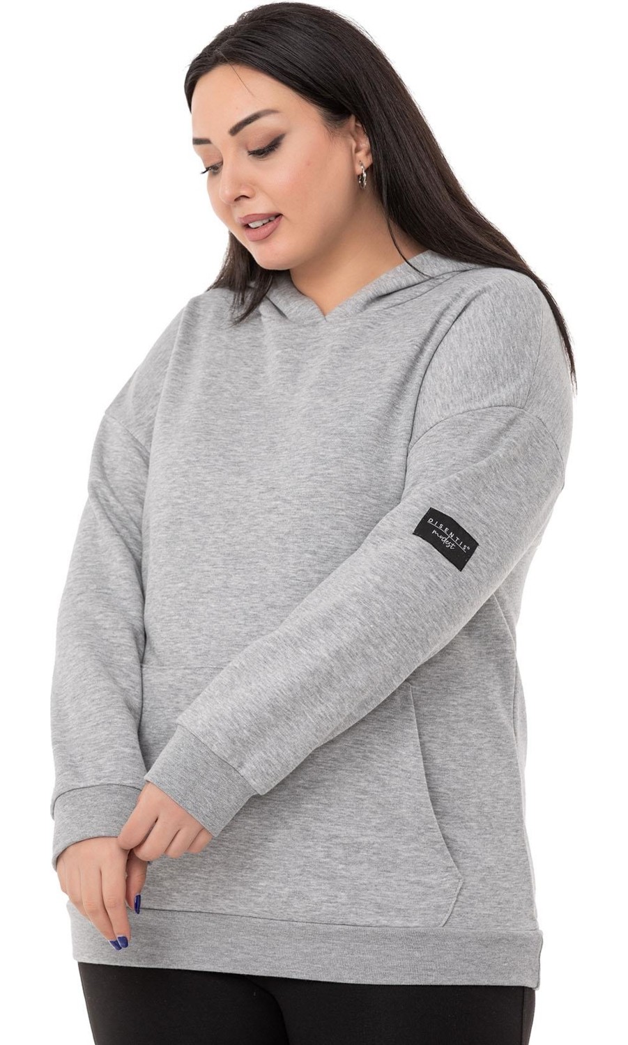 Disentis Modest Büyük Beden Sırtında Yazı Detaylı Kapüşonlu Kanguru Cepli Üç Iplik Beyaz Sweatshirt görsel 5