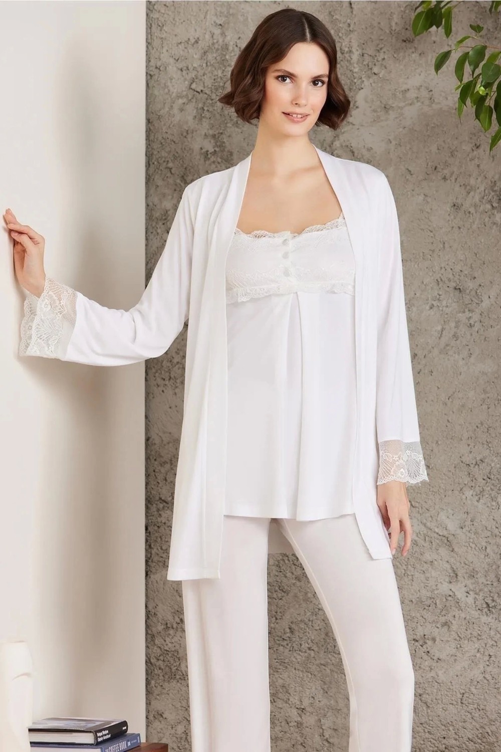 Pierre Cardin Dantelli Penye 3'lü Kadın Lohusa Pijama Takımı 2805 - Ekru görsel 2