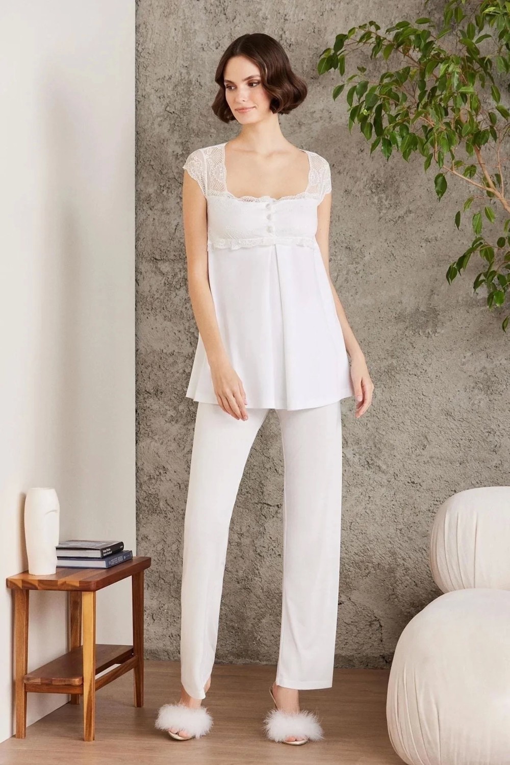 Pierre Cardin Dantelli Penye 3'lü Kadın Lohusa Pijama Takımı 2805 - Ekru görsel 3