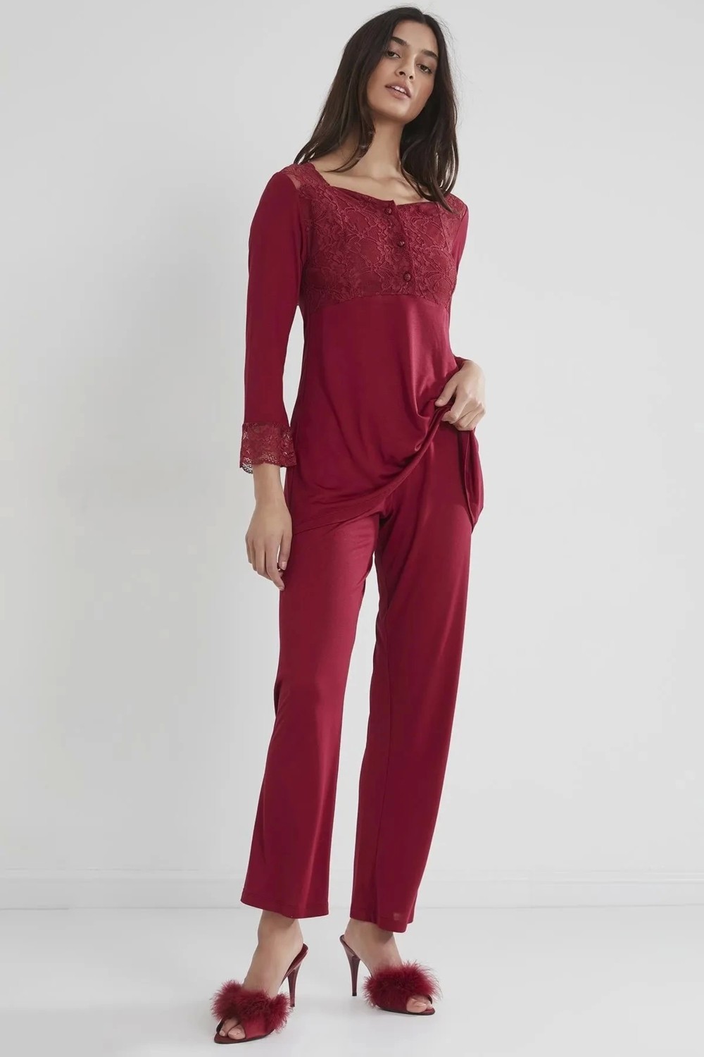 Pierre Cardin Kadın Penye Dantelli Pijama Takımı 1241 - Bordo görsel 2