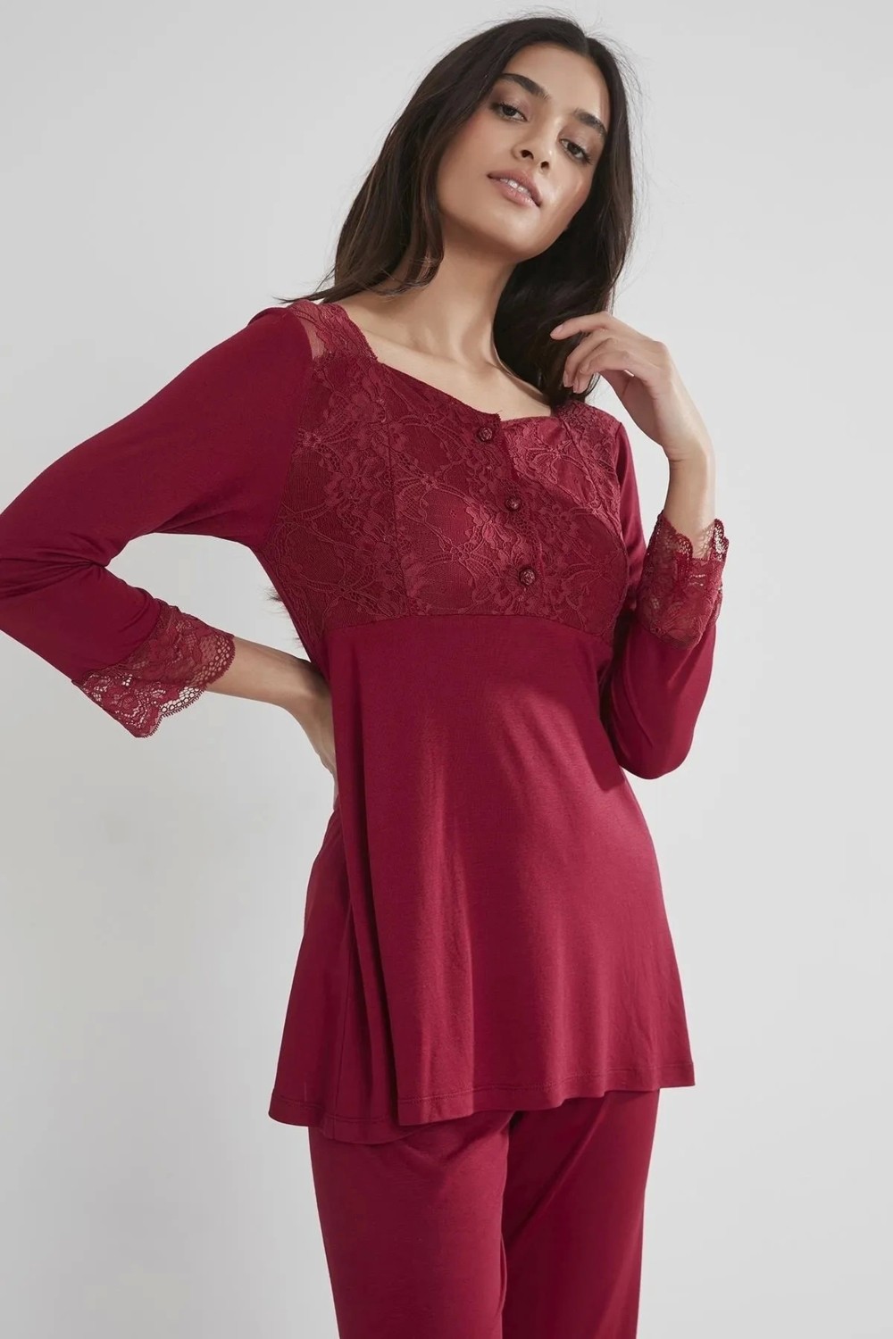 Pierre Cardin Kadın Penye Dantelli Pijama Takımı 1241 - Bordo görsel 3