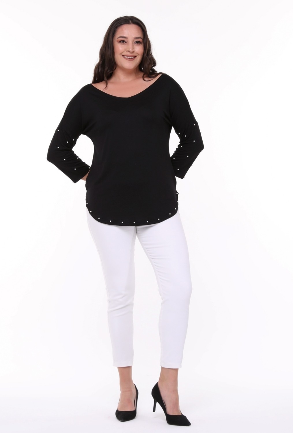 Curvy Trend Büyük Beden Inci Detaylı Geniş V Yaka Yarım Kol Oval Yırtmaç Bluz görsel 2