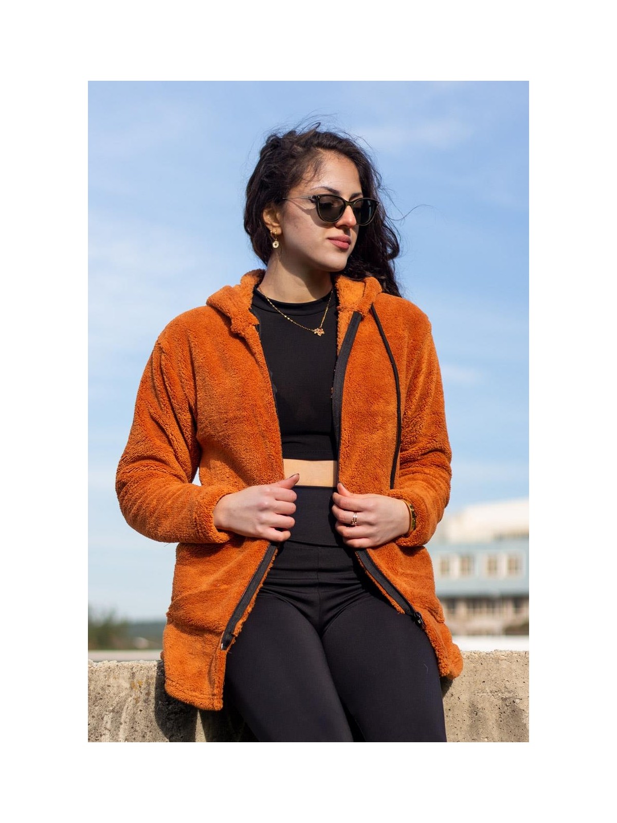 Azıcık Akıllı Kadın Mor Peluş Kalın Fermuarlı Kapüşonlu Cepli Ceket 23KCKTMY50 - Görsel 6