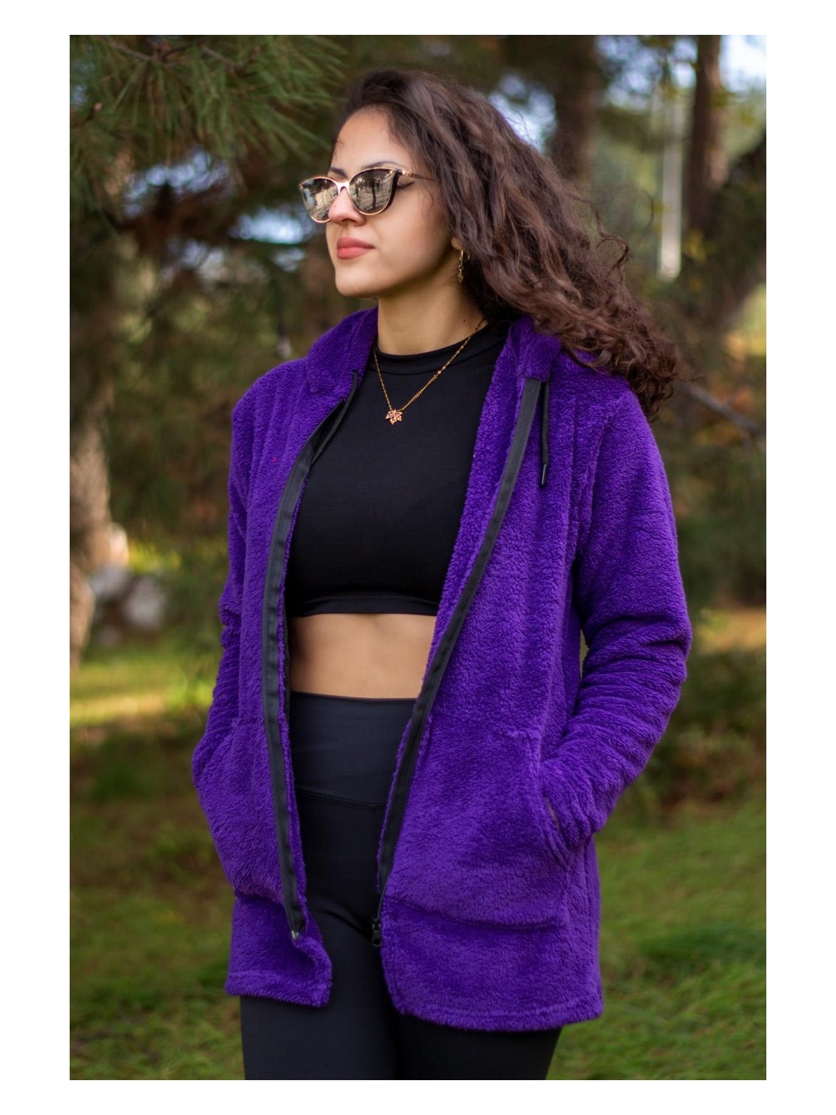 Azıcık Akıllı Kadın Saks Koyu Mavi Peluş Kalın Fermuarlı Kapüşonlu Cepli Ceket 23KCKTMY50 - Görsel 8