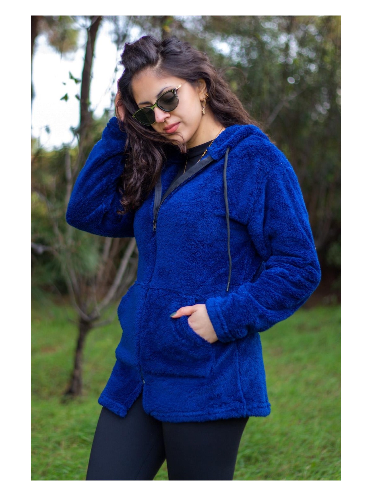 Azıcık Akıllı Kadın Saks Koyu Mavi Peluş Kalın Fermuarlı Kapüşonlu Cepli Ceket 23KCKTMY50