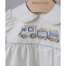 Medekids Tren Nakışlı Tulum Ekru-Mavi 0-3 Ay