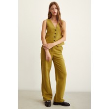 Never More  Yüksek Bel Keten Pantolon Yağ Yeşili