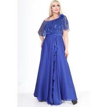 Ladies First Büyük Beden 3858 Saks Uzun Abiye Elbise