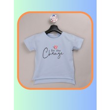 NR Nar Rengi Kısa Kollu Tshirt Kız Yazlık Kelebek Baskılı Be The Change Pamuklu