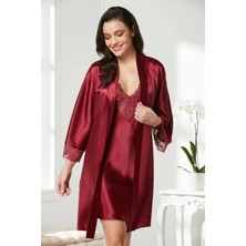 Pierre Cardin Saten Dantelli Gecelik ve Sabahlık Takımı 4280 - Bordo