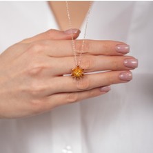 Hom Silver Jewelry 925 Ayar Gümüş Zirkon Taş Işlemeli Turuncu Renkli Lotus Kadın Kolye HSJ0034