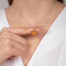 Hom Silver Jewelry 925 Ayar Gümüş Zirkon Taş Işlemeli Turuncu Renkli Lotus Kadın Kolye HSJ0034