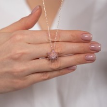 Hom Silver Jewelry 925 Ayar Gümüş Zirkon Taş Işlemeli Pembe Renkli Lotus Kadın Kolye HSJ0035