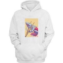 The Wert Unisex Köpek Balığı Suşi Baskılı Beyaz Normal Kalıp Şardonlu Kalın Sweatshirt