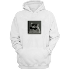 The Wert Unisex Gözlüklü Kedi Baskılı Beyaz Normal Kalıp Şardonlu Kalın Sweatshirt