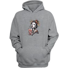 The Wert Unisex Japanese Geisha Girl Skull Drink Baskılı Gri Normal Kalıp Şardonlu Kalın Sweatshirt