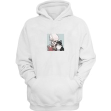 The Wert Unisex Kahve ve Kedi Skull Baskılı Beyaz Normal Kalıp Şardonlu Kalın Sweatshirt