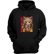 The Wert Unisex Fıghtıng Cat Baskılı Siyah Normal Kalıp Şardonlu Kalın Sweatshirt