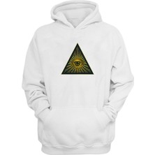 The Wert Unisex Illiminati, Üçgen Içinde Göz Baskılı Beyaz Normal Kalıp Şardonlu Kalın Sweatshirt