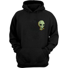 The Wert Unisex Yüzü Döğmeli Uzaylı Baskılı Siyah Normal Kalıp Şardonlu Kalın Sweatshirt